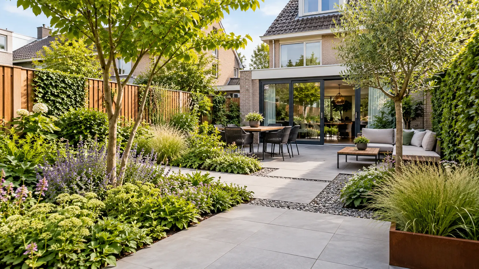 Onderhoudsvriendelijke tuin met ruime borders, groen en praktische bestrating